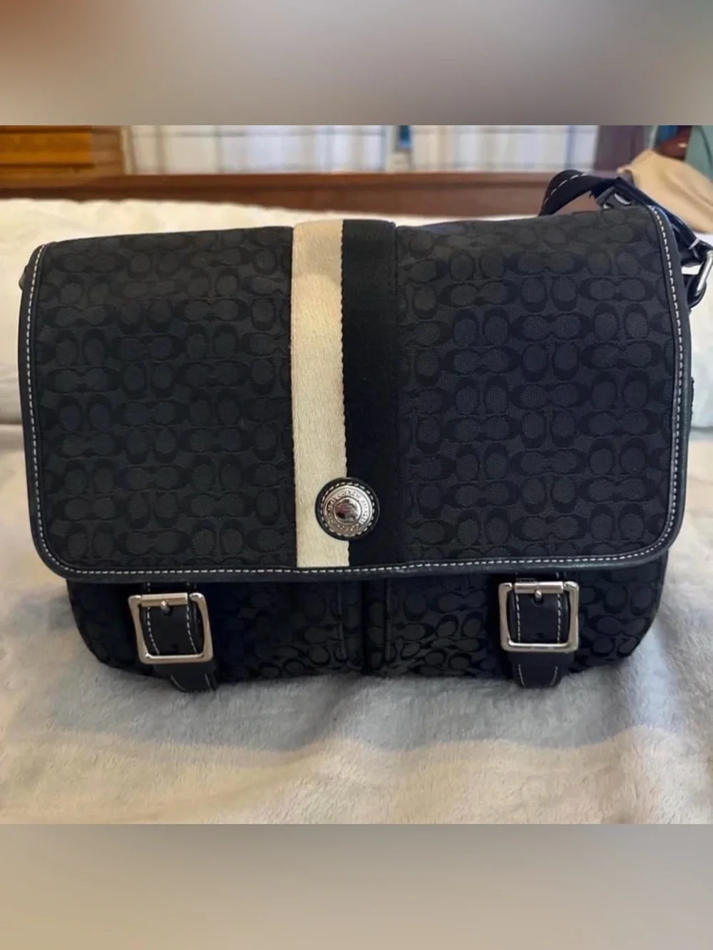 Coach Black Signature Canvas Messenger with Cream Center Stripe